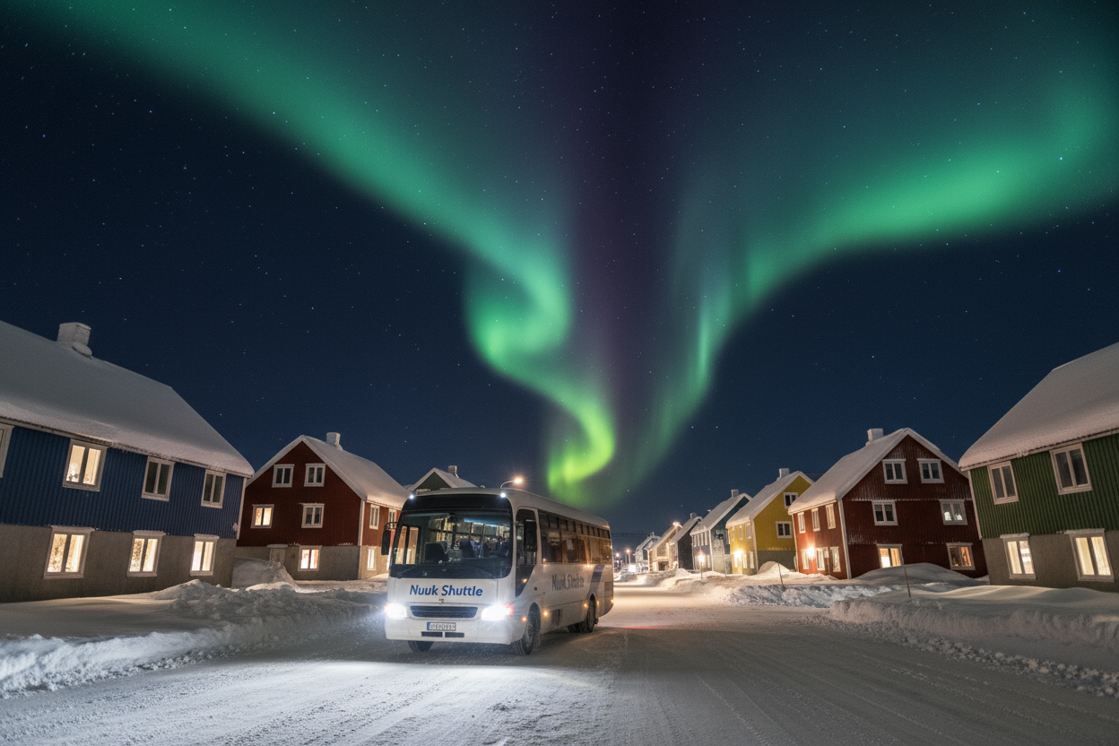 Nuuk Shuttle mini bus in arctic town night